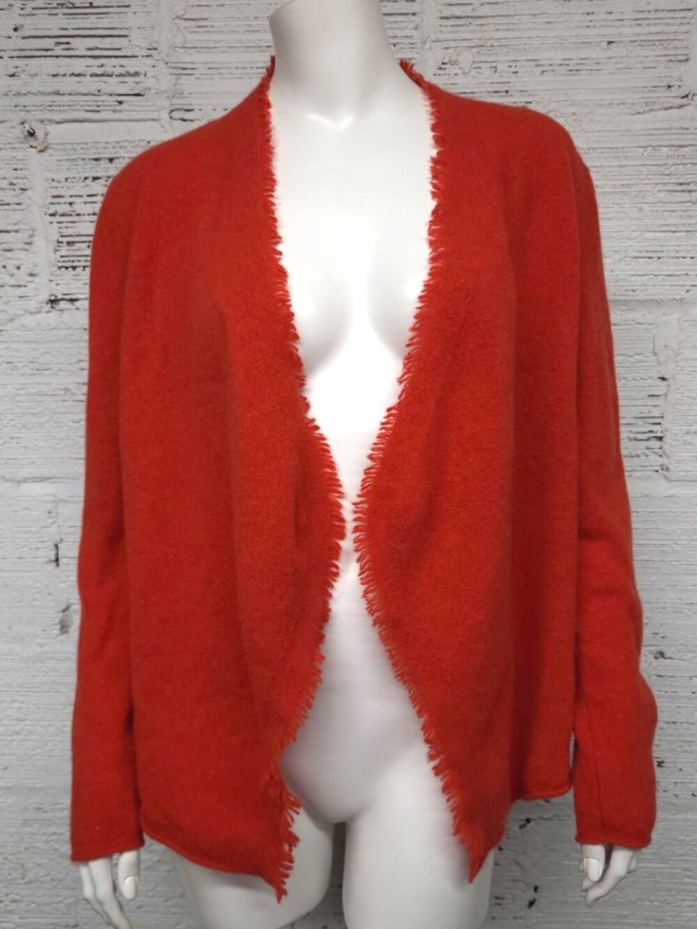 Eileen Fisher Size M Poppy Red Wool Oval Open Long Sleeve Cardigan